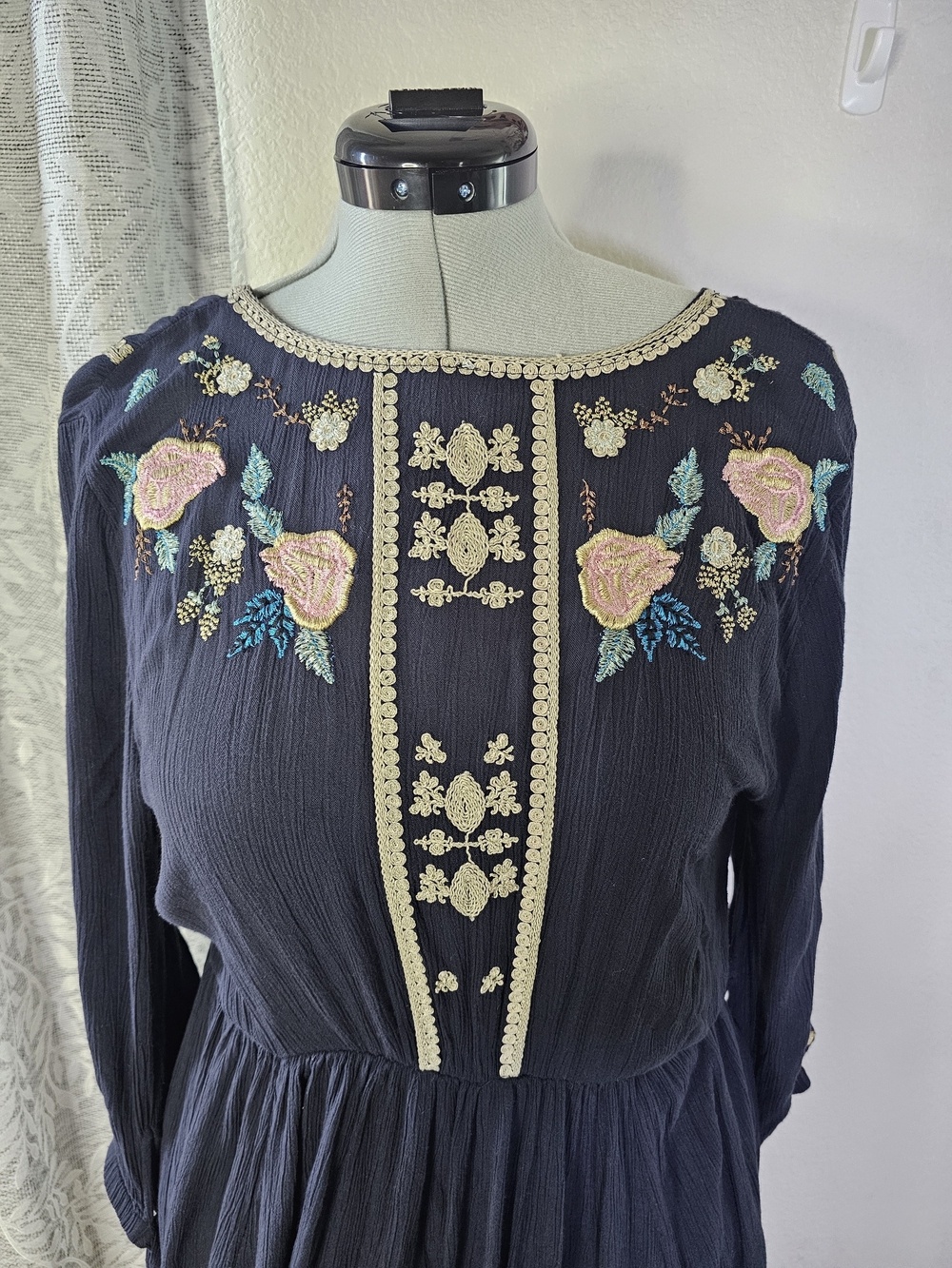 Free People Navy Embroidered Wrap Midi Dress - Picture 3 of 11